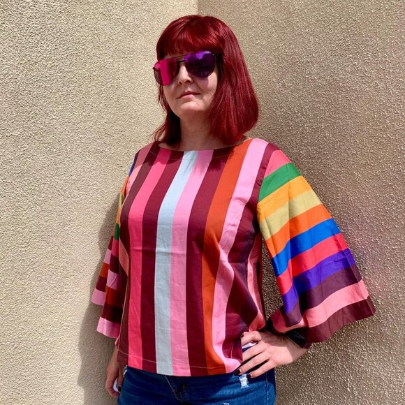 NWT Anthropologie Striped Rainbow Bell Sleeve Top - Picture 3 of 11